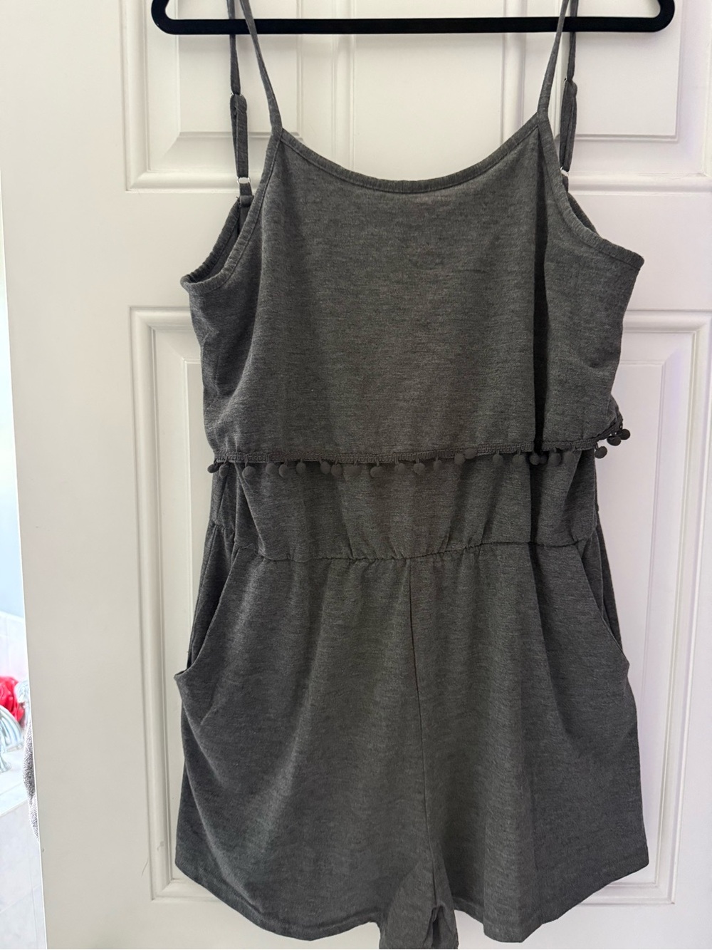 Women’s Gray Romper with Pom Trim